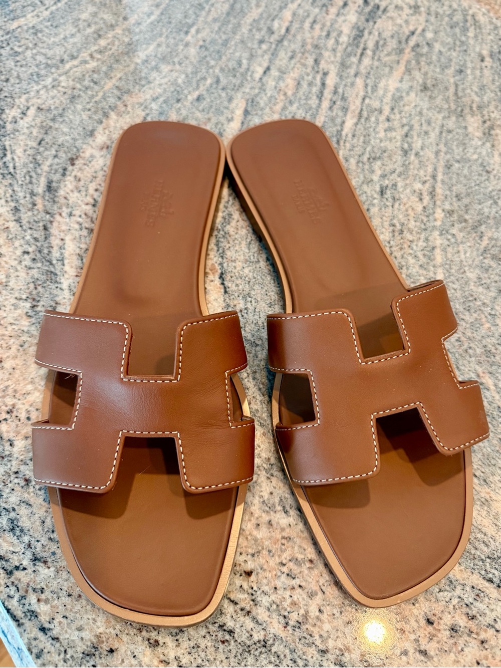 Hermes Brown Oran Leather Slide Sandals - Women - Picture 2 of 5